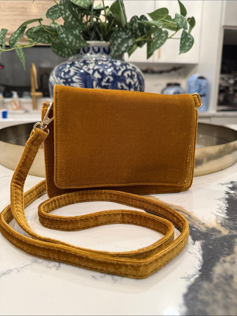 Anthropologie Velvet Crossbody Bag - Mustard